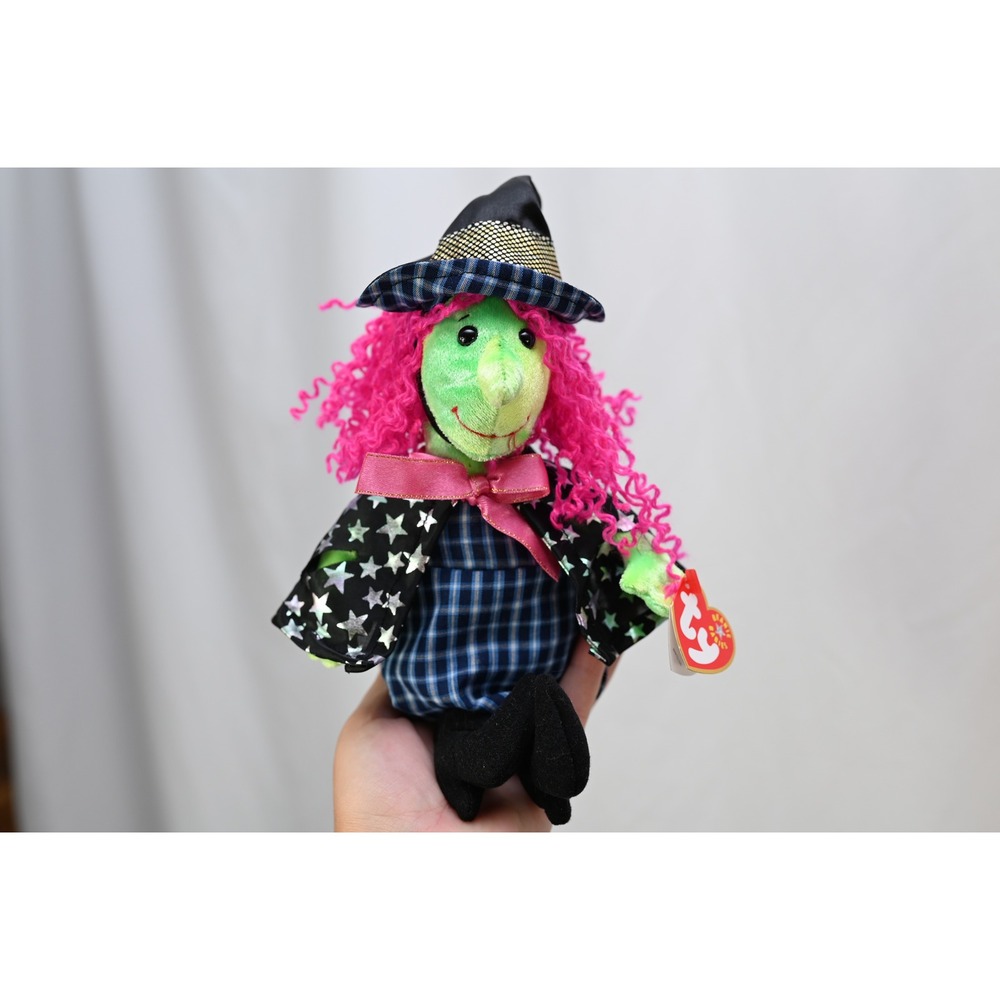Ty Beanie Babies Scary the Witch Halloween Plush Green Pink Hair 2000 12 inch